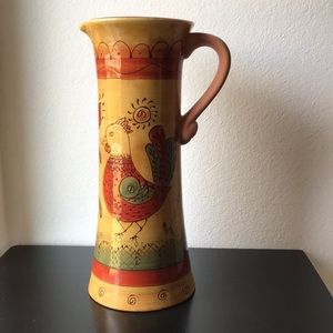 Napco Art Deco Pottery Yellow & Green Painted rooster and flowers Jug Vase